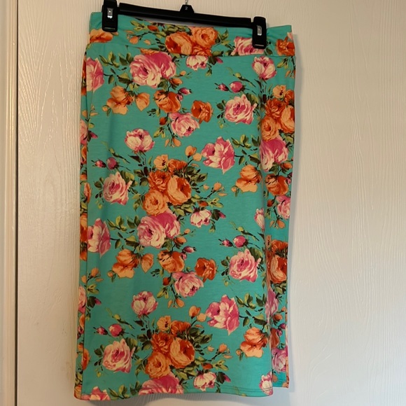 SOLD - Azules Floral Orange/Pink/Teal Pencil Skirt Medium Mint Green Peony Rose - Picture 2 of 5